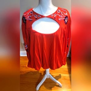 Free People Lita Embroidered Cutout Front/Back Bell Sleeve Shirt (L)